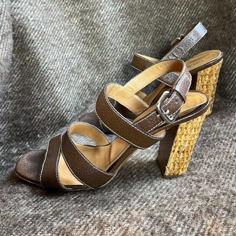 Prada Vintage Brown Leather & Wicker Heel Chunky Sandal 41